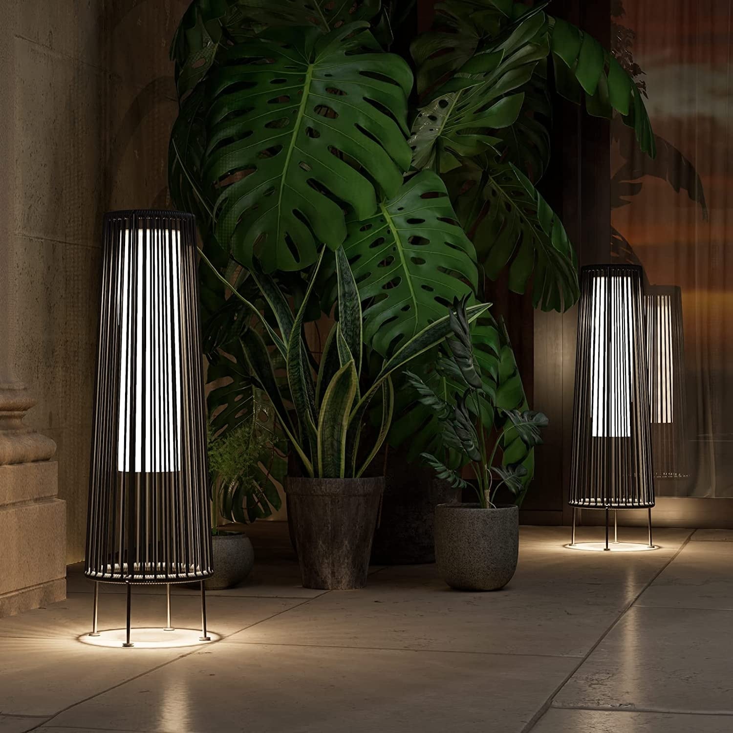 Lampada solare da pavimento per esterni, confezione da 2, lampada solare da patio in vimini per tutte le stagioni, lampada solare da esterno impermeabile per veranda, cortile, giardino