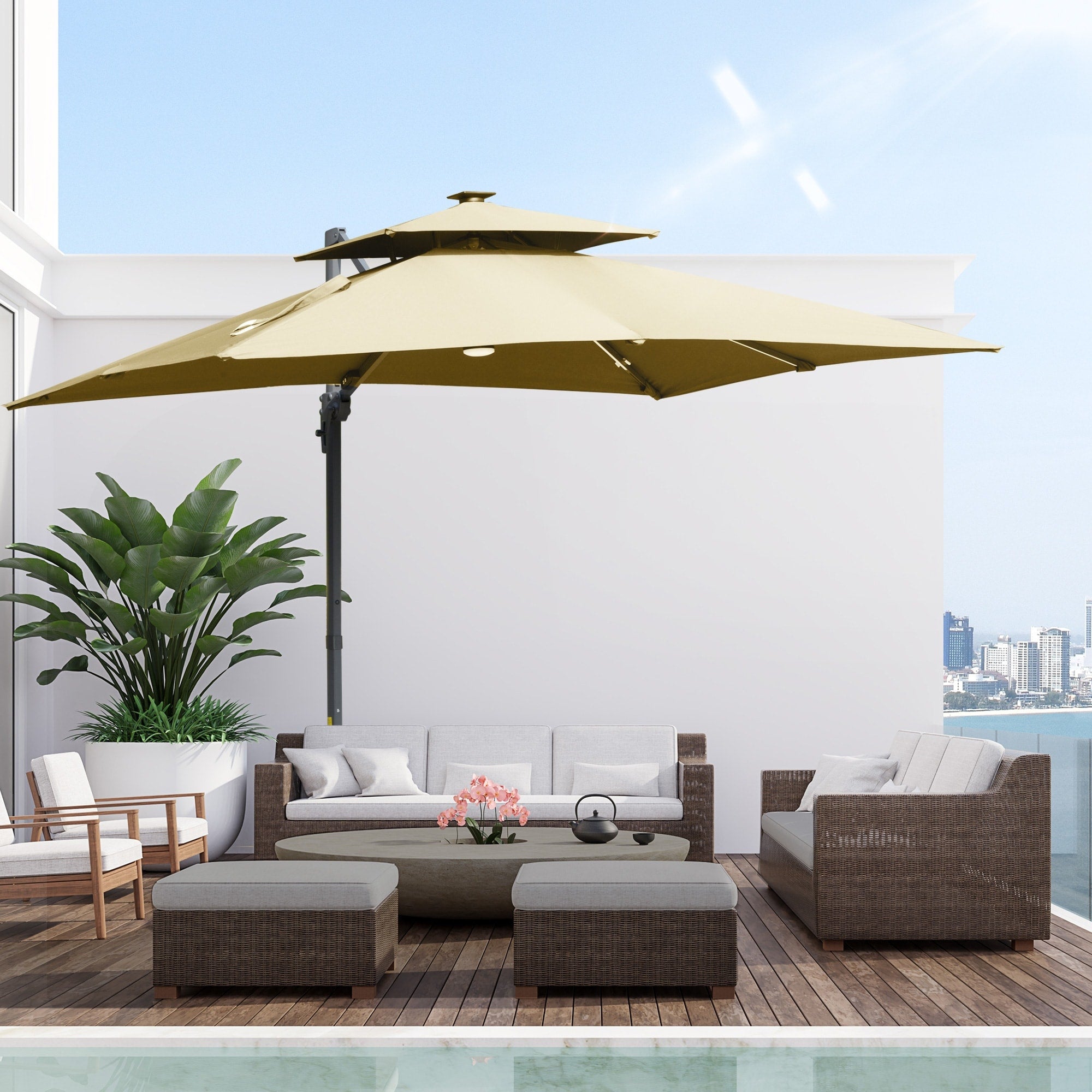 Ombrellone da giardino a LED solare Outsunny da 10 piedi, ombrellone sospeso con rotazione a 360°, base a croce, 8 stecche, inclinazione e manovella