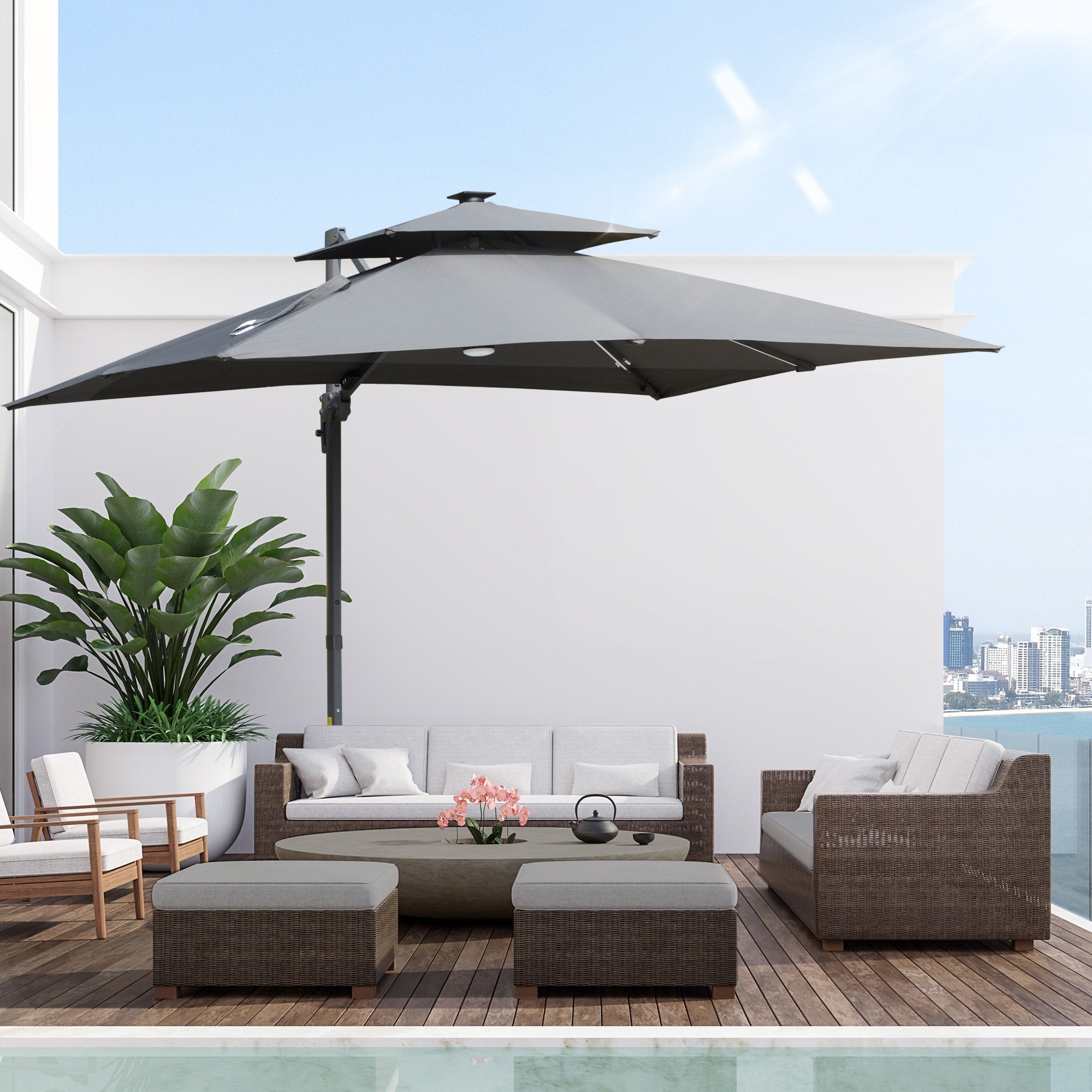 Ombrellone da giardino a LED solare Outsunny da 10 piedi, ombrellone sospeso con rotazione a 360°, base a croce, 8 stecche, inclinazione e manovella