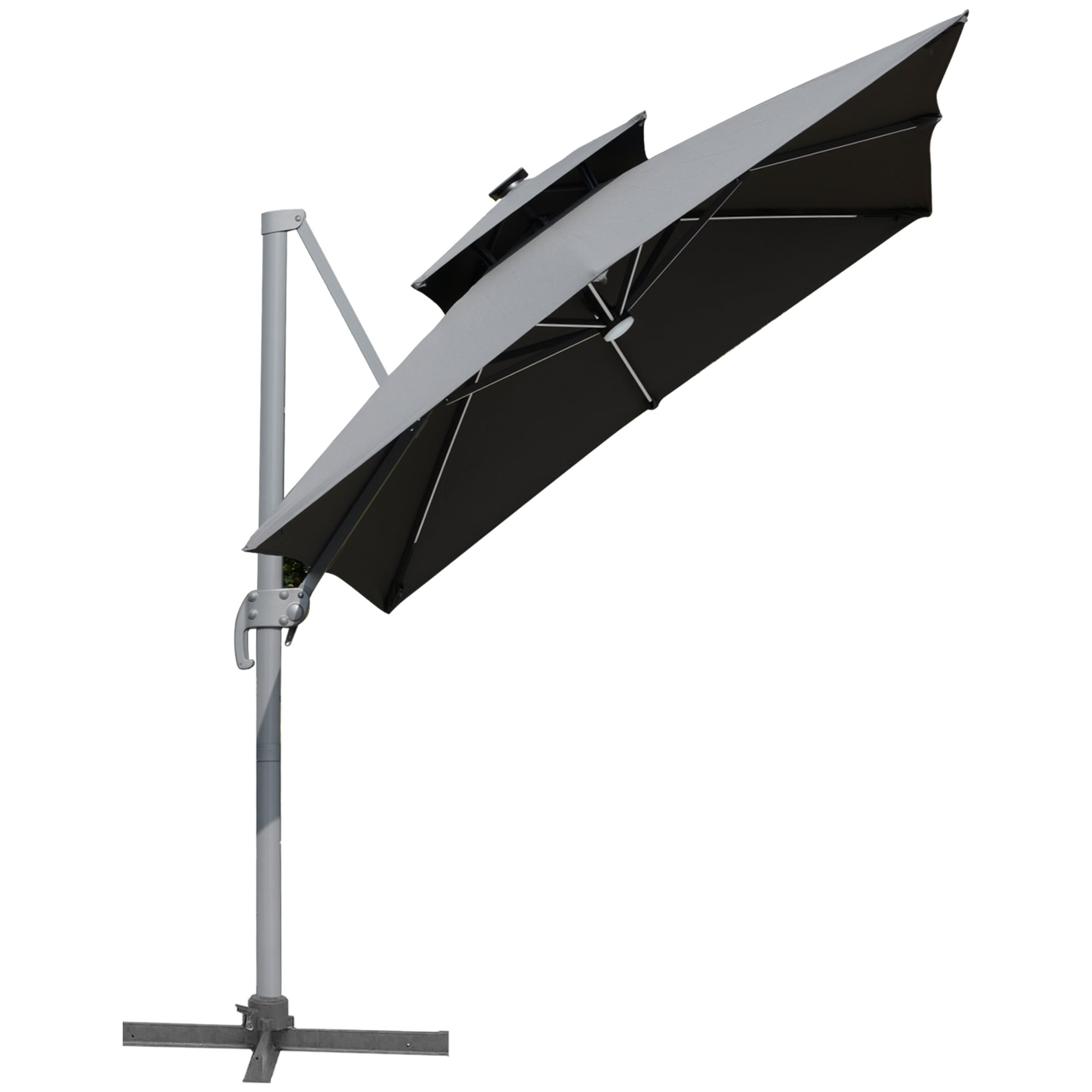Ombrellone da giardino a LED solare Outsunny da 10 piedi, ombrellone sospeso con rotazione a 360°, base a croce, 8 stecche, inclinazione e manovella