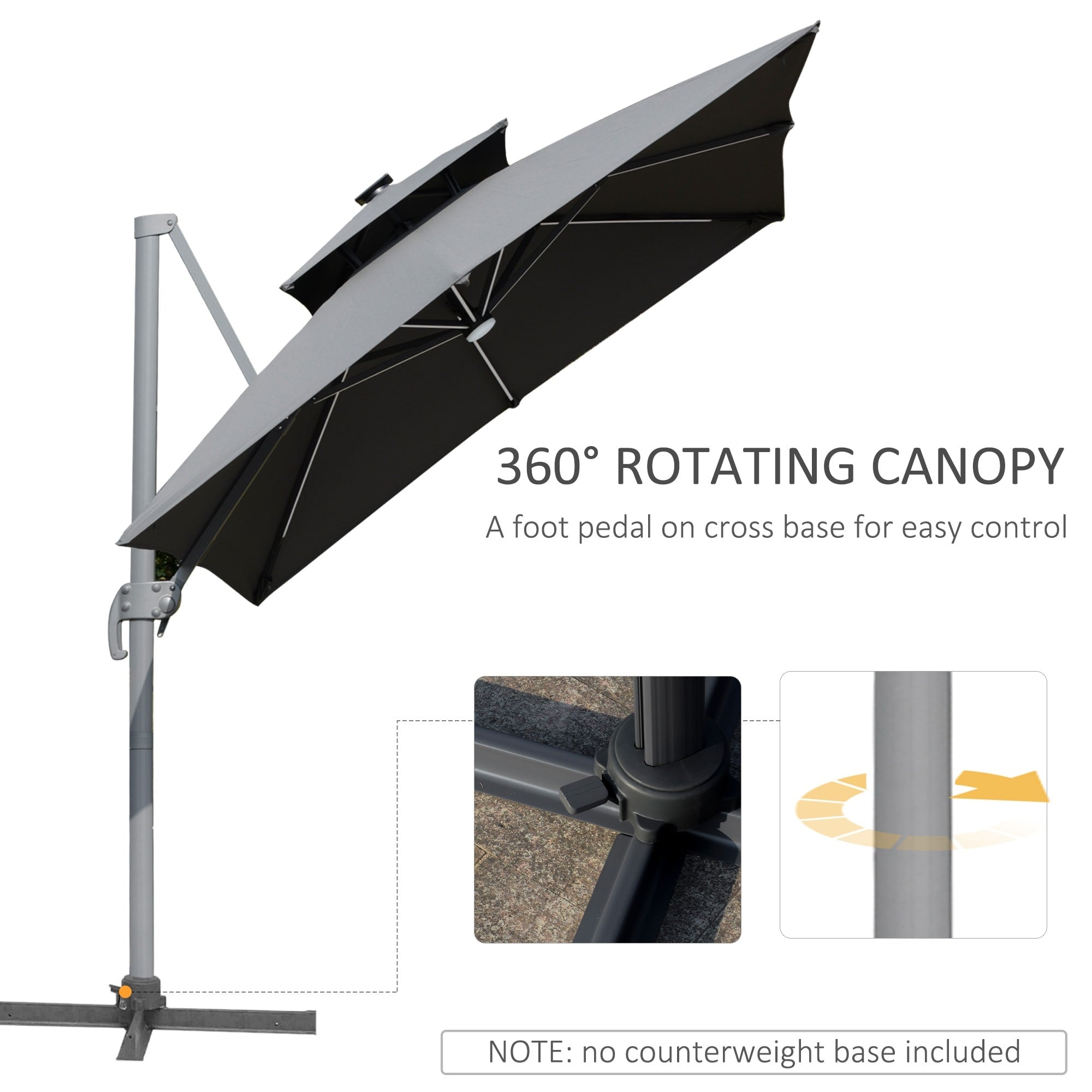 Ombrellone da giardino a LED solare Outsunny da 10 piedi, ombrellone sospeso con rotazione a 360°, base a croce, 8 stecche, inclinazione e manovella