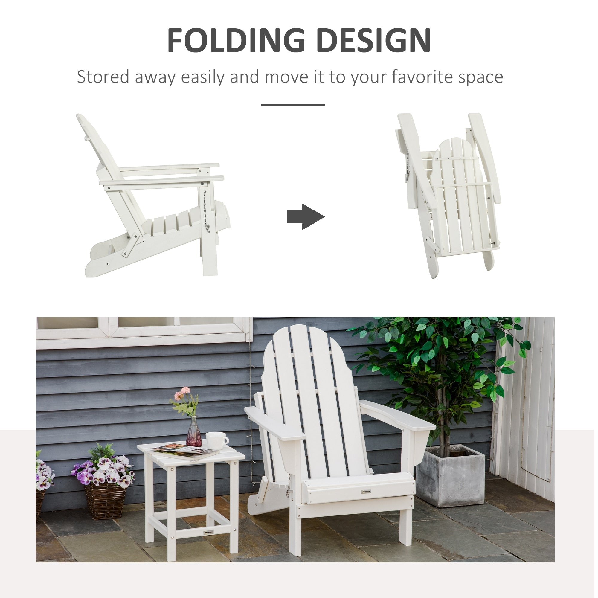 Sedia pieghevole Adirondack Outsunny, sedie da spiaggia in plastica HDPE per esterni adatte a tutte le stagioni, per patio, terrazza e mobili da giardino