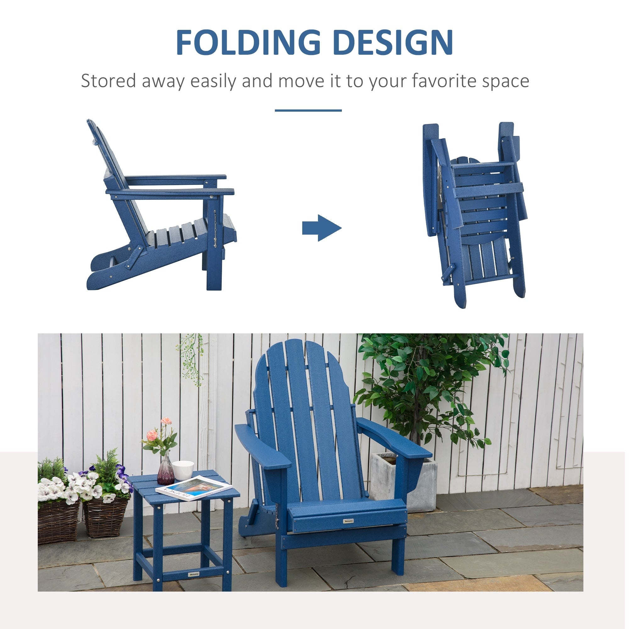 Sedia pieghevole Adirondack Outsunny, sedie da spiaggia in plastica HDPE per esterni adatte a tutte le stagioni, per patio, terrazza e mobili da giardino