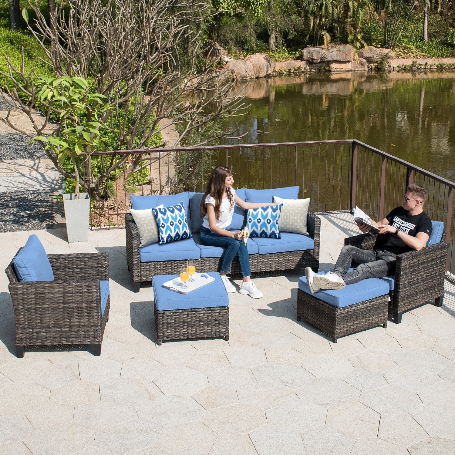 Set di 5 mobili da giardino in vimini con schienale alto OVIOS