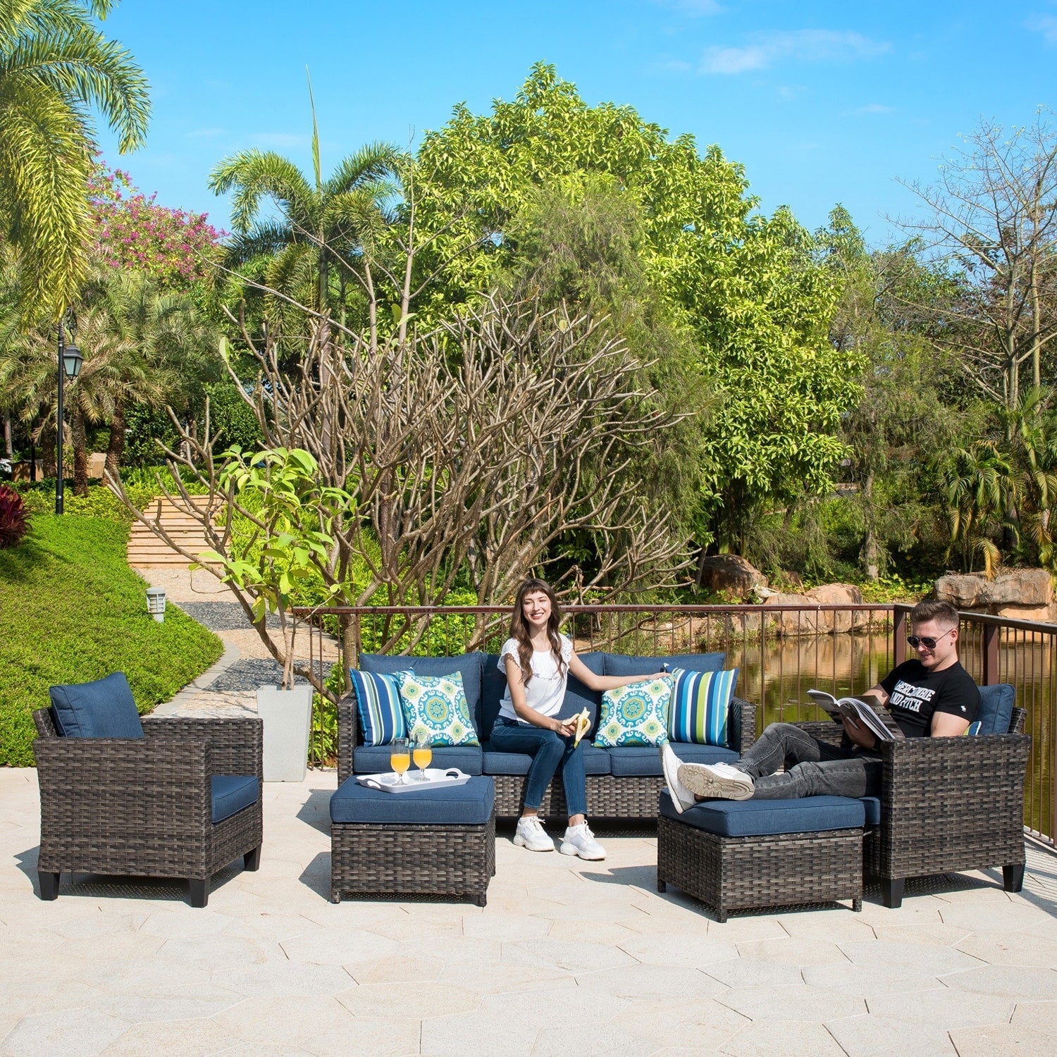 Set di 5 mobili da giardino in vimini con schienale alto OVIOS