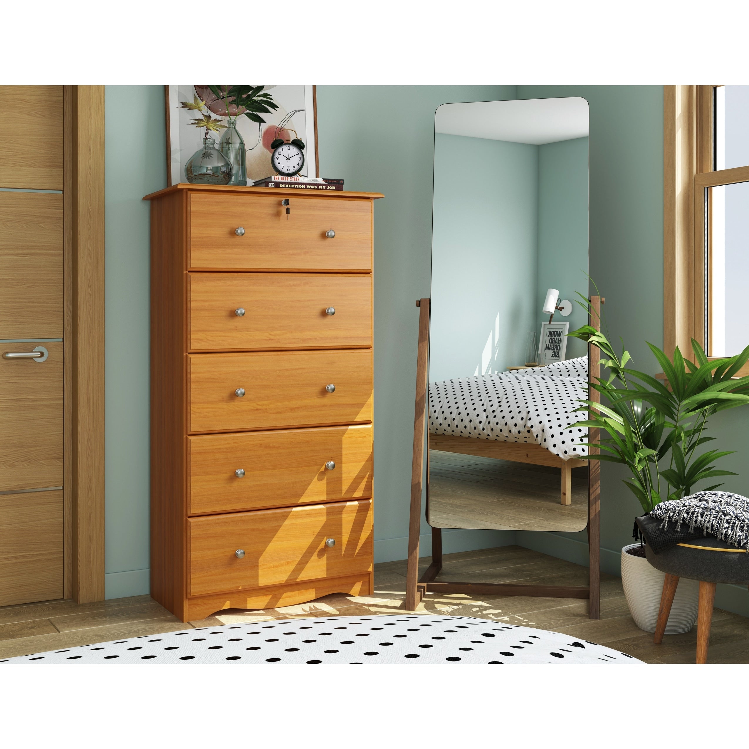 Palace Imports Cassettiera 100% in legno massello con 5 cassetti grandi, serratura, pomelli in metallo o legno