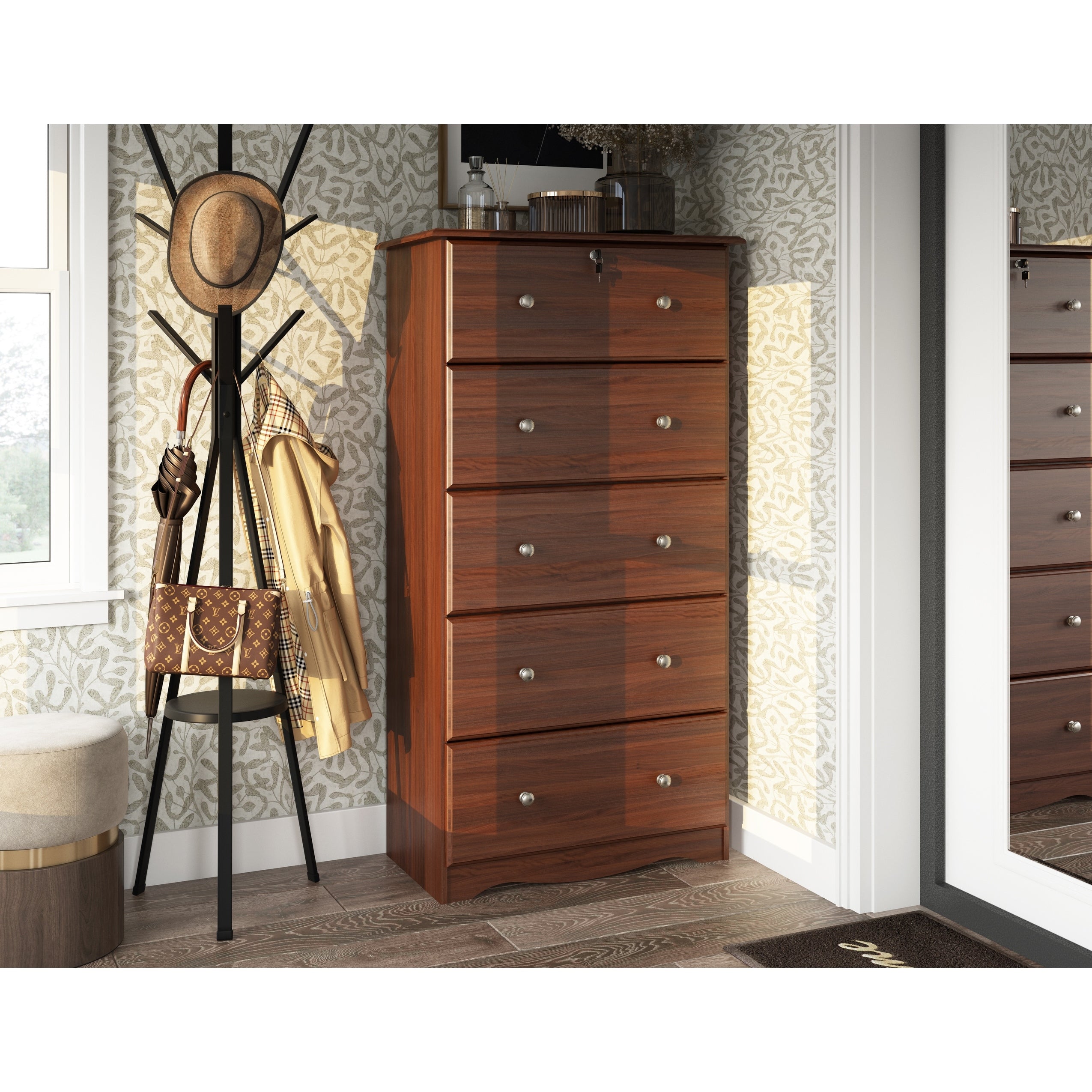 Palace Imports Cassettiera 100% in legno massello con 5 cassetti grandi, serratura, pomelli in metallo o legno