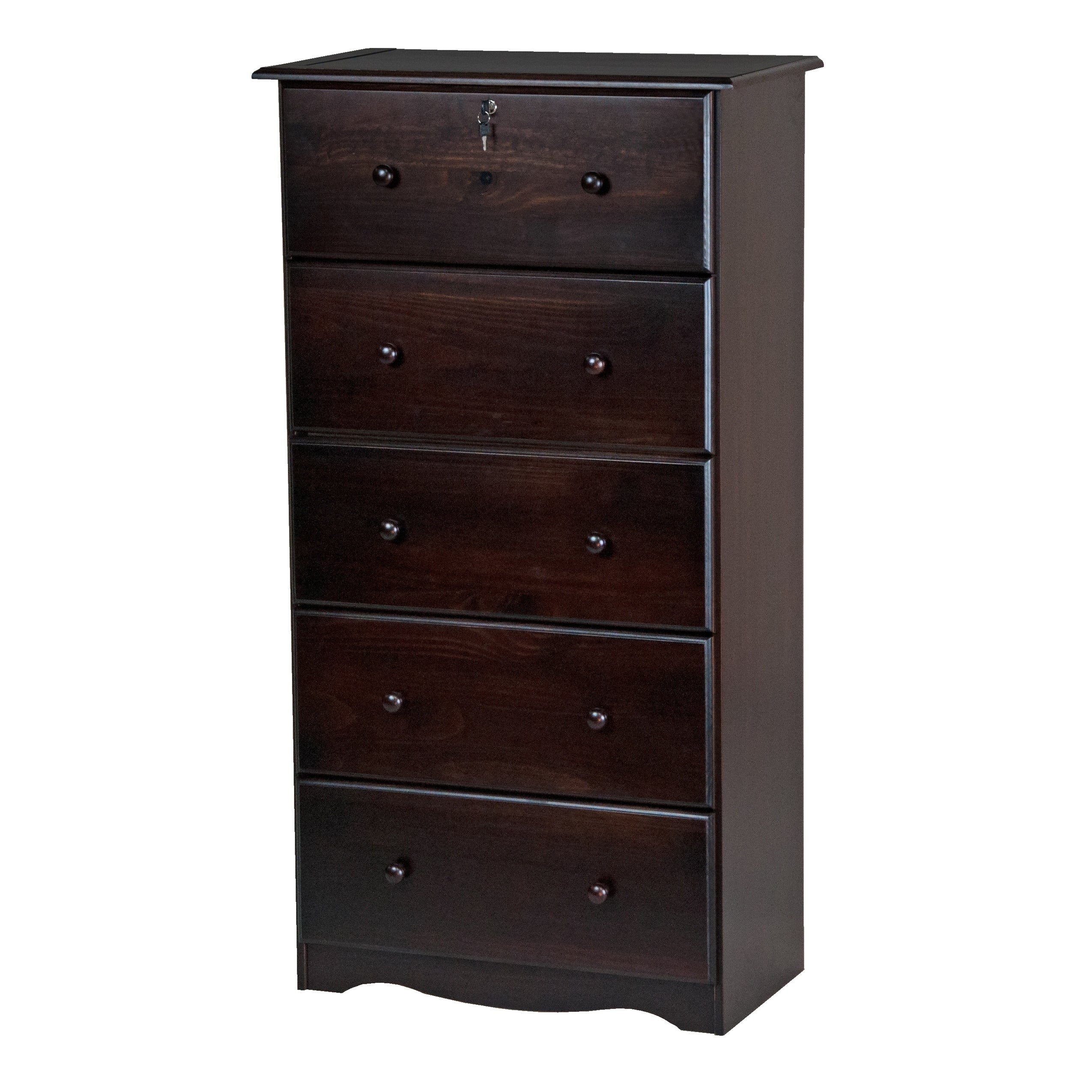 Palace Imports Cassettiera 100% in legno massello con 5 cassetti grandi, serratura, pomelli in metallo o legno