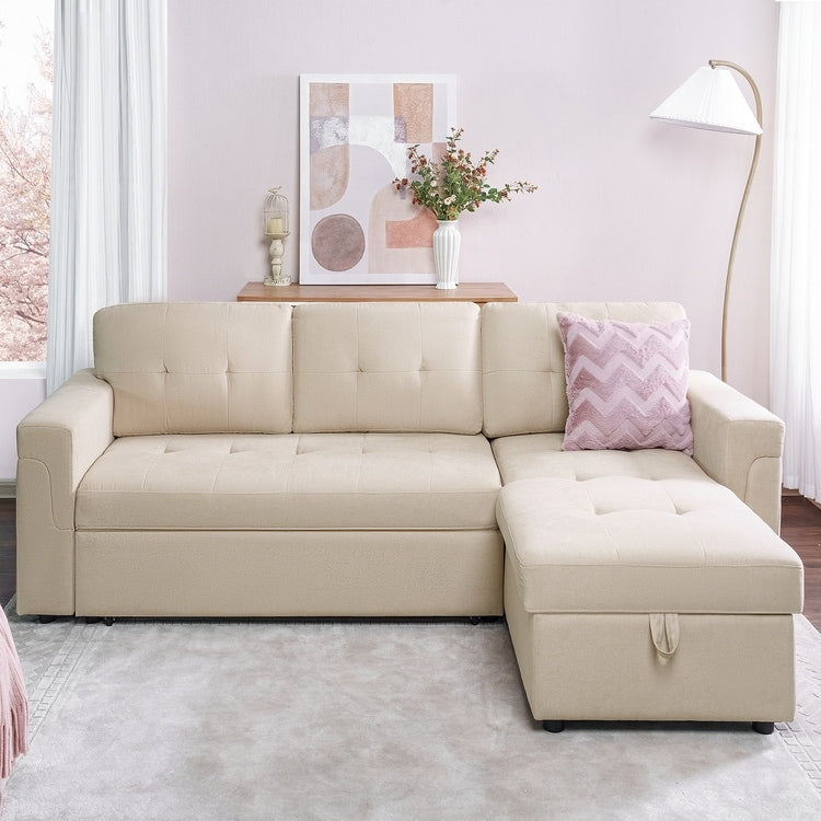 Divano componibile reversibile con letto estraibile, chaise longue con contenitore nascosto, gambe resistenti,