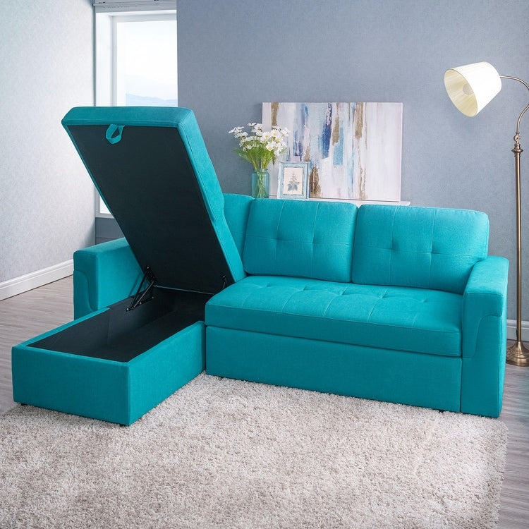 Divano componibile reversibile con letto estraibile, chaise longue con contenitore nascosto, gambe resistenti,