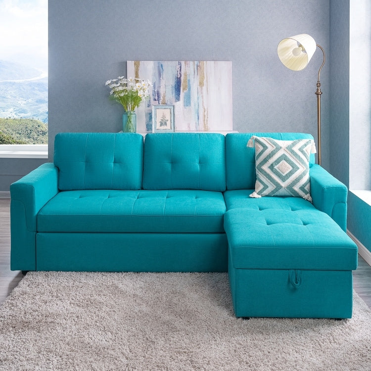 Divano componibile reversibile con letto estraibile, chaise longue con contenitore nascosto, gambe resistenti,