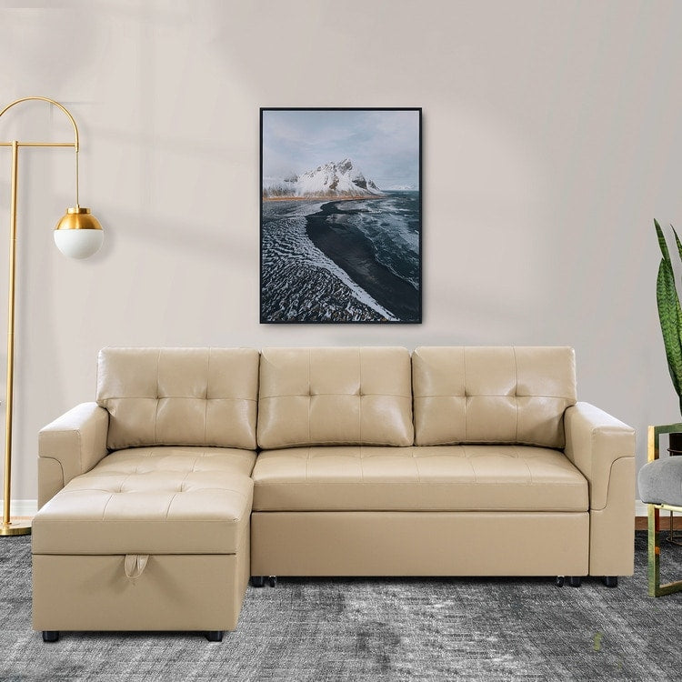 Divano componibile reversibile con letto estraibile, chaise longue con contenitore nascosto, gambe resistenti,