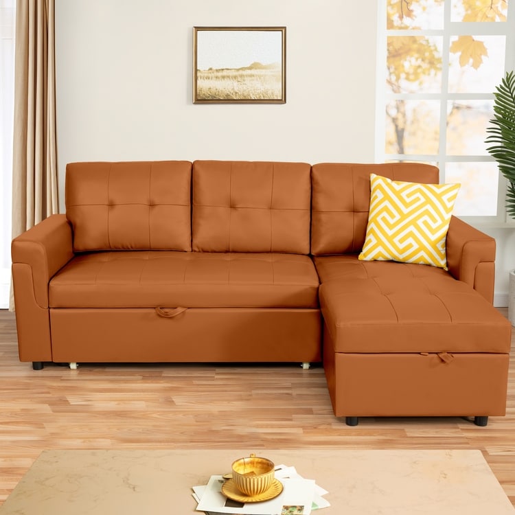 Divano componibile reversibile con letto estraibile, chaise longue con contenitore nascosto, gambe resistenti,