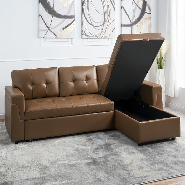 Divano componibile reversibile con letto estraibile, chaise longue con contenitore nascosto, gambe resistenti,
