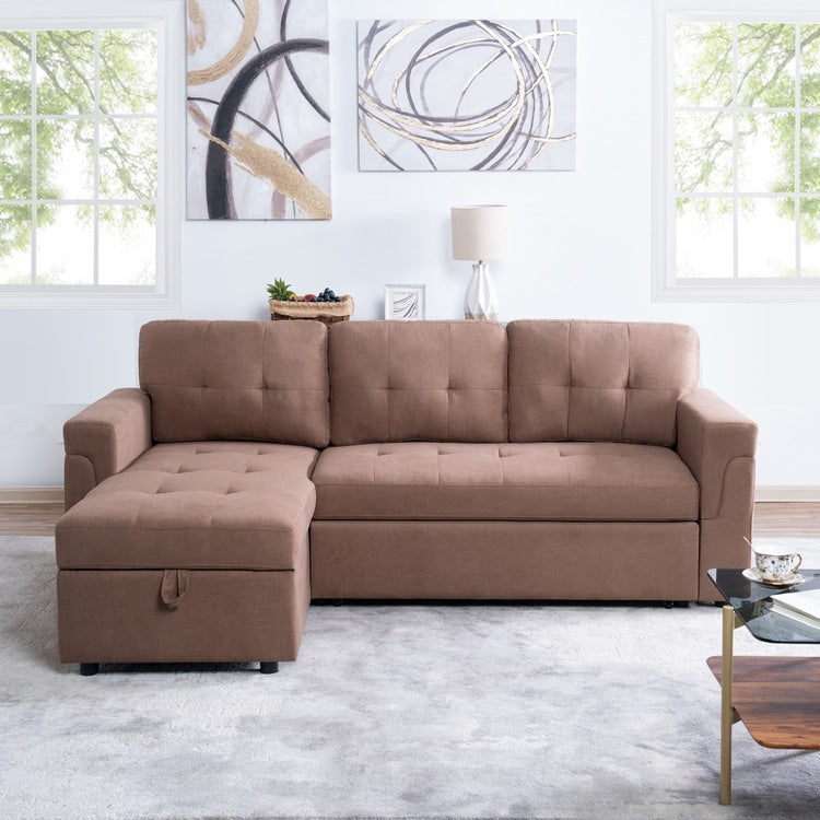 Divano componibile reversibile con letto estraibile, chaise longue con contenitore nascosto, gambe resistenti,