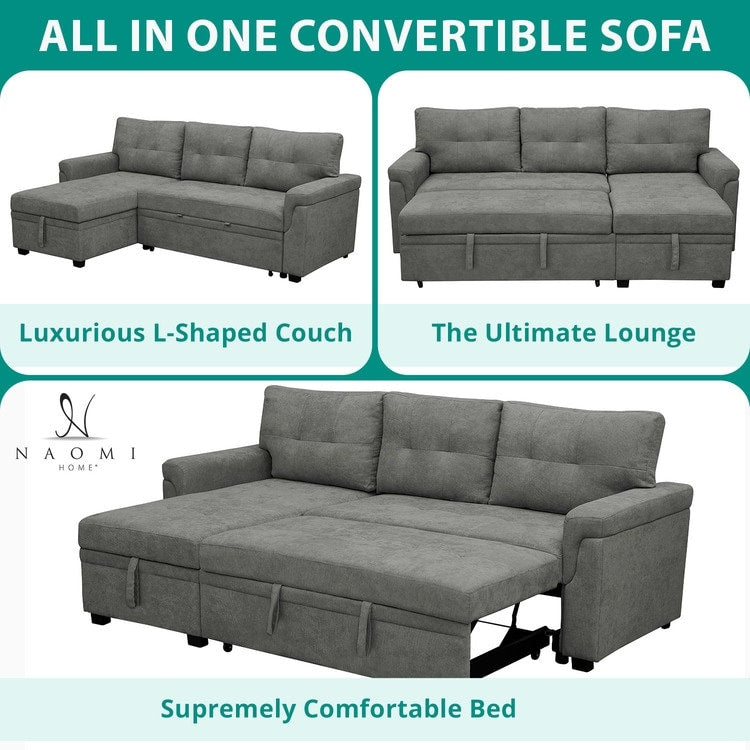 Divano componibile reversibile con letto estraibile, chaise longue con contenitore nascosto, gambe resistenti,
