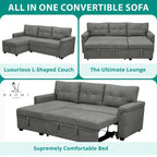 Divano componibile reversibile con letto estraibile, chaise longue con contenitore nascosto, gambe resistenti,