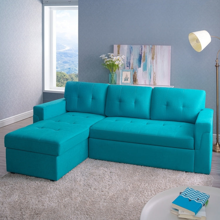 Divano componibile reversibile con letto estraibile, chaise longue con contenitore nascosto, gambe resistenti,