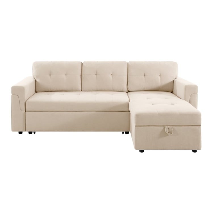 Divano componibile reversibile con letto estraibile, chaise longue con contenitore nascosto, gambe resistenti,
