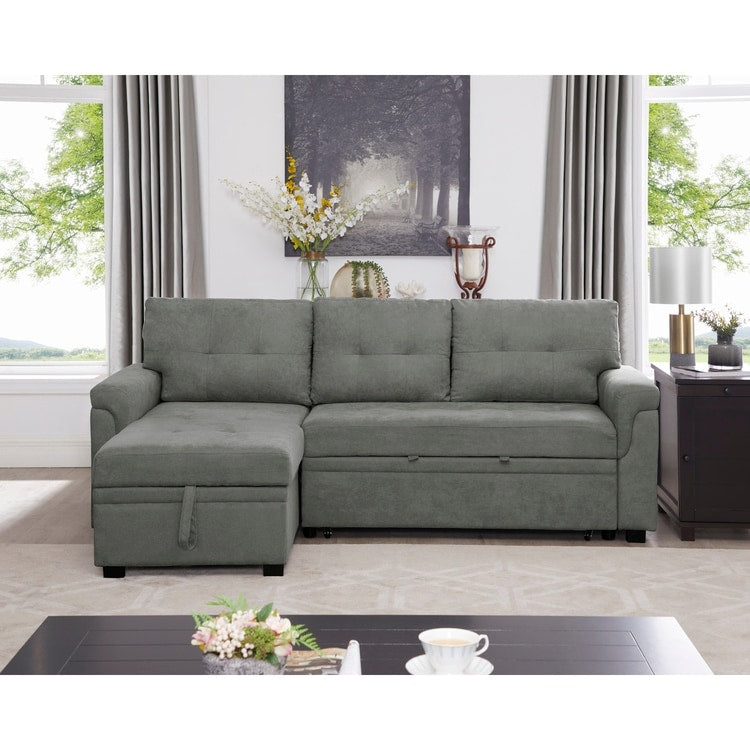 Divano componibile reversibile con letto estraibile, chaise longue con contenitore nascosto, gambe resistenti,