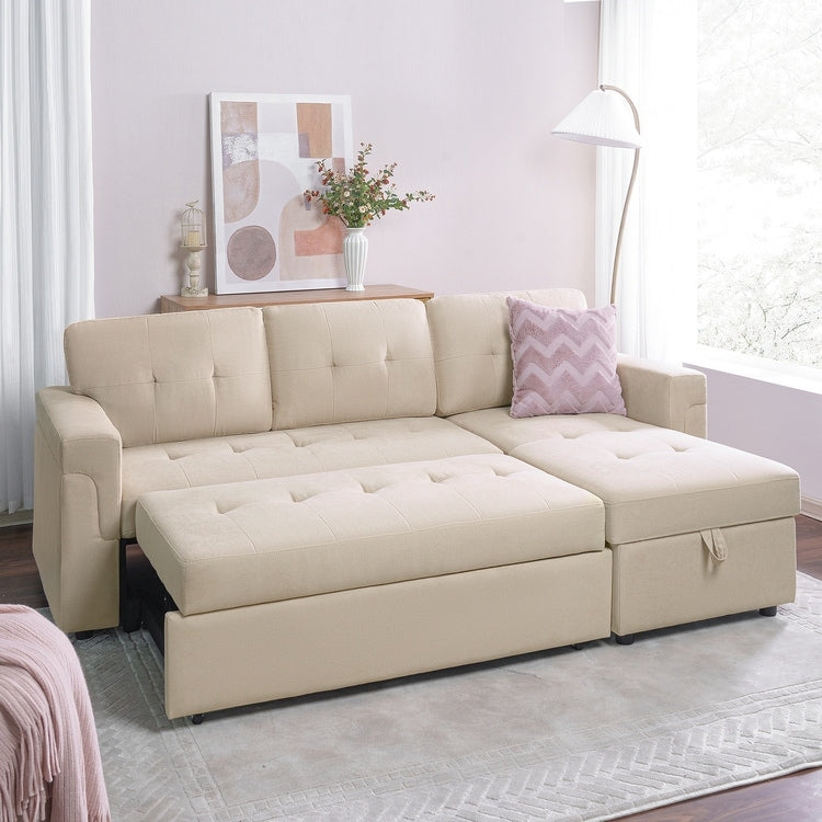 Divano componibile reversibile con letto estraibile, chaise longue con contenitore nascosto, gambe resistenti,