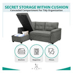 Divano componibile reversibile con letto estraibile, chaise longue con contenitore nascosto, gambe resistenti,