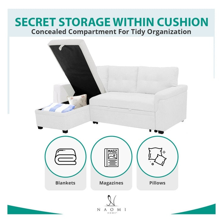 Divano componibile reversibile con letto estraibile, chaise longue con contenitore nascosto, gambe resistenti,