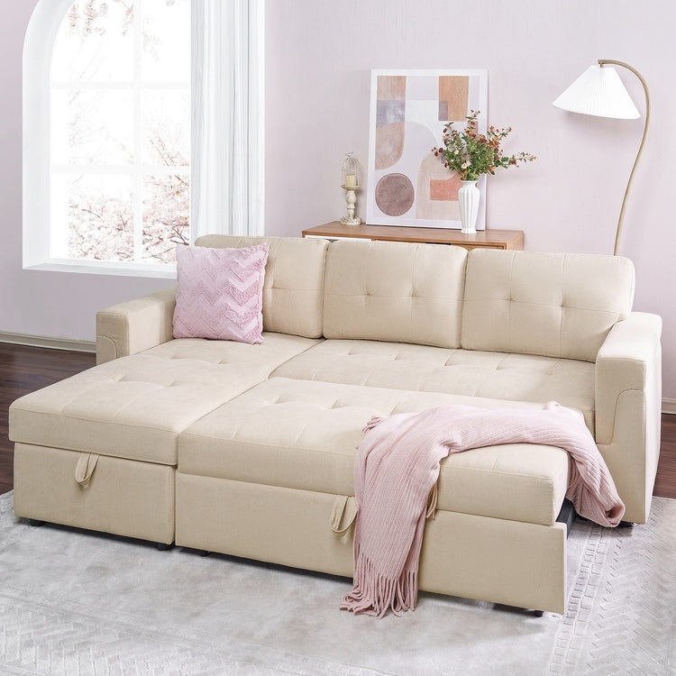 Divano componibile reversibile con letto estraibile, chaise longue con contenitore nascosto, gambe resistenti,