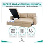 Divano componibile reversibile con letto estraibile, chaise longue con contenitore nascosto, gambe resistenti,