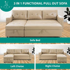 Divano componibile reversibile con letto estraibile, chaise longue con contenitore nascosto, gambe resistenti,