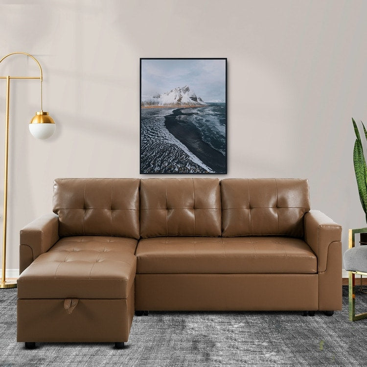 Divano componibile reversibile con letto estraibile, chaise longue con contenitore nascosto, gambe resistenti,