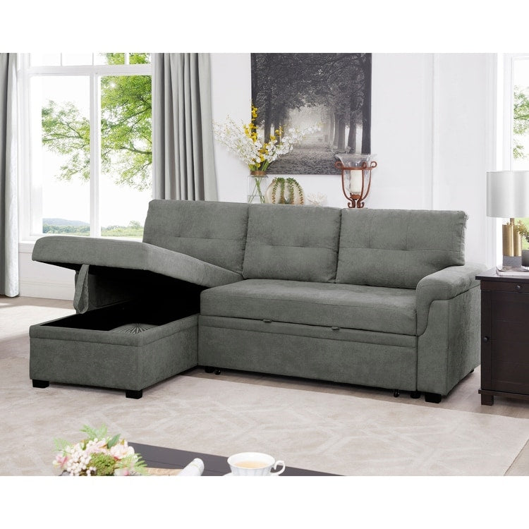Divano componibile reversibile con letto estraibile, chaise longue con contenitore nascosto, gambe resistenti,