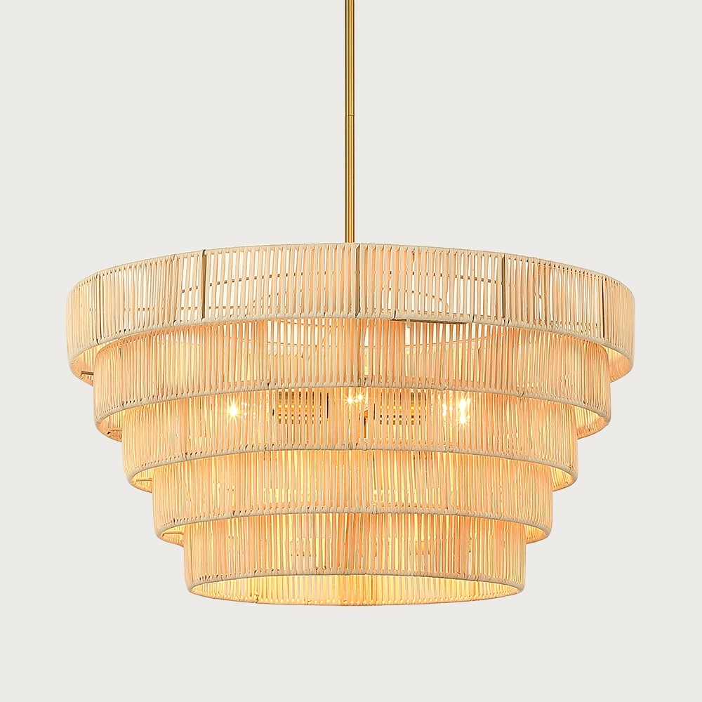 Lampadario moderno bohémien Piersan a 5 luci con paralume in rattan a più livelli - 26 pollici di larghezza