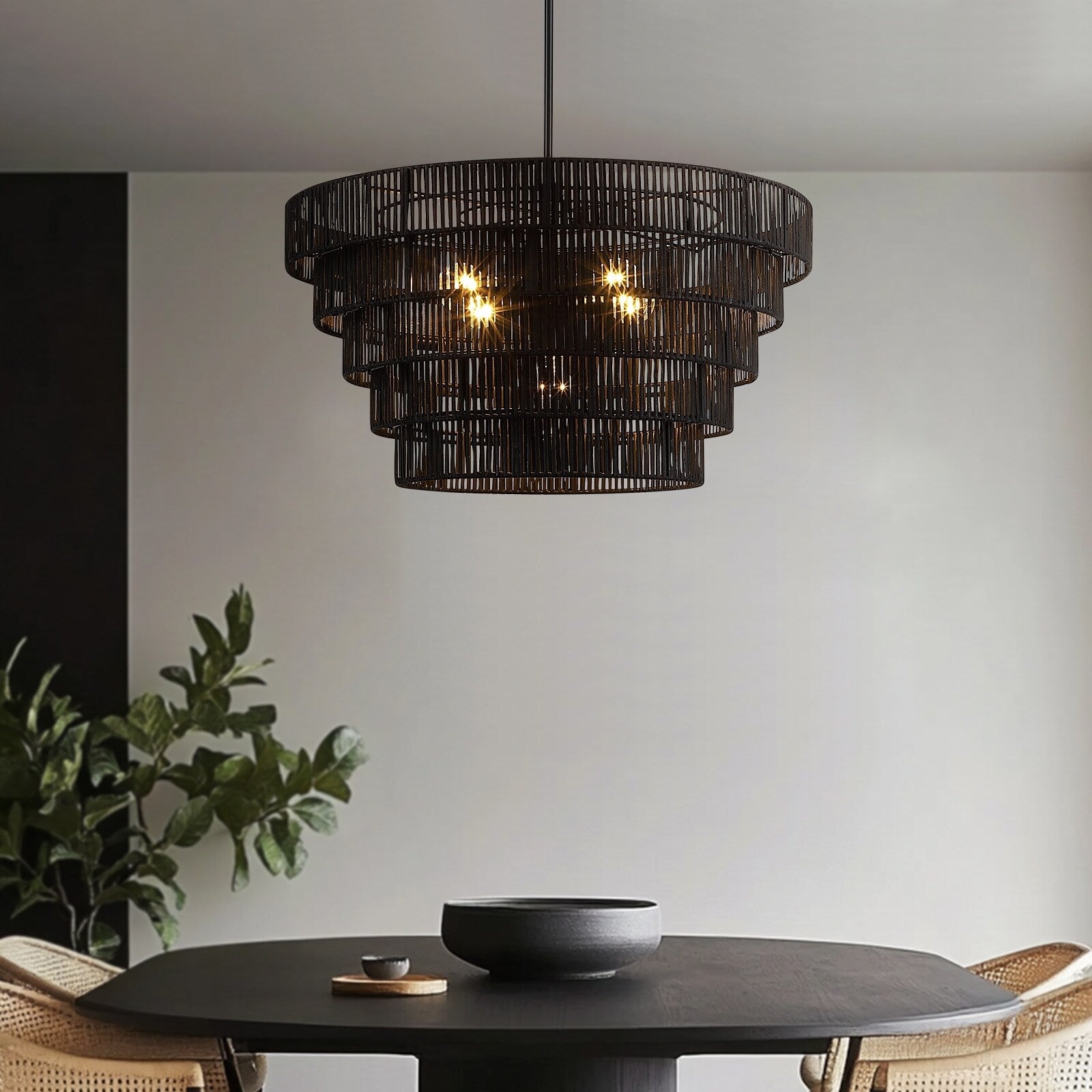Lampadario moderno bohémien Piersan a 5 luci con paralume in rattan a più livelli - 26 pollici di larghezza
