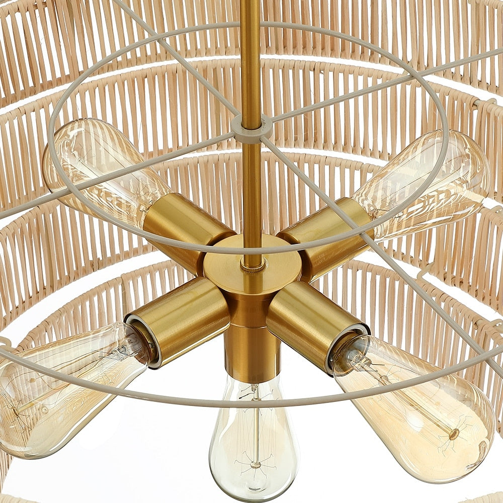 Lampadario moderno bohémien Piersan a 5 luci con paralume in rattan a più livelli - 26 pollici di larghezza