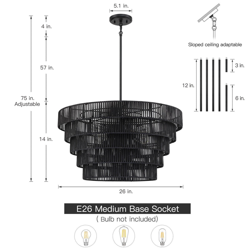 Lampadario moderno bohémien Piersan a 5 luci con paralume in rattan a più livelli - 26 pollici di larghezza