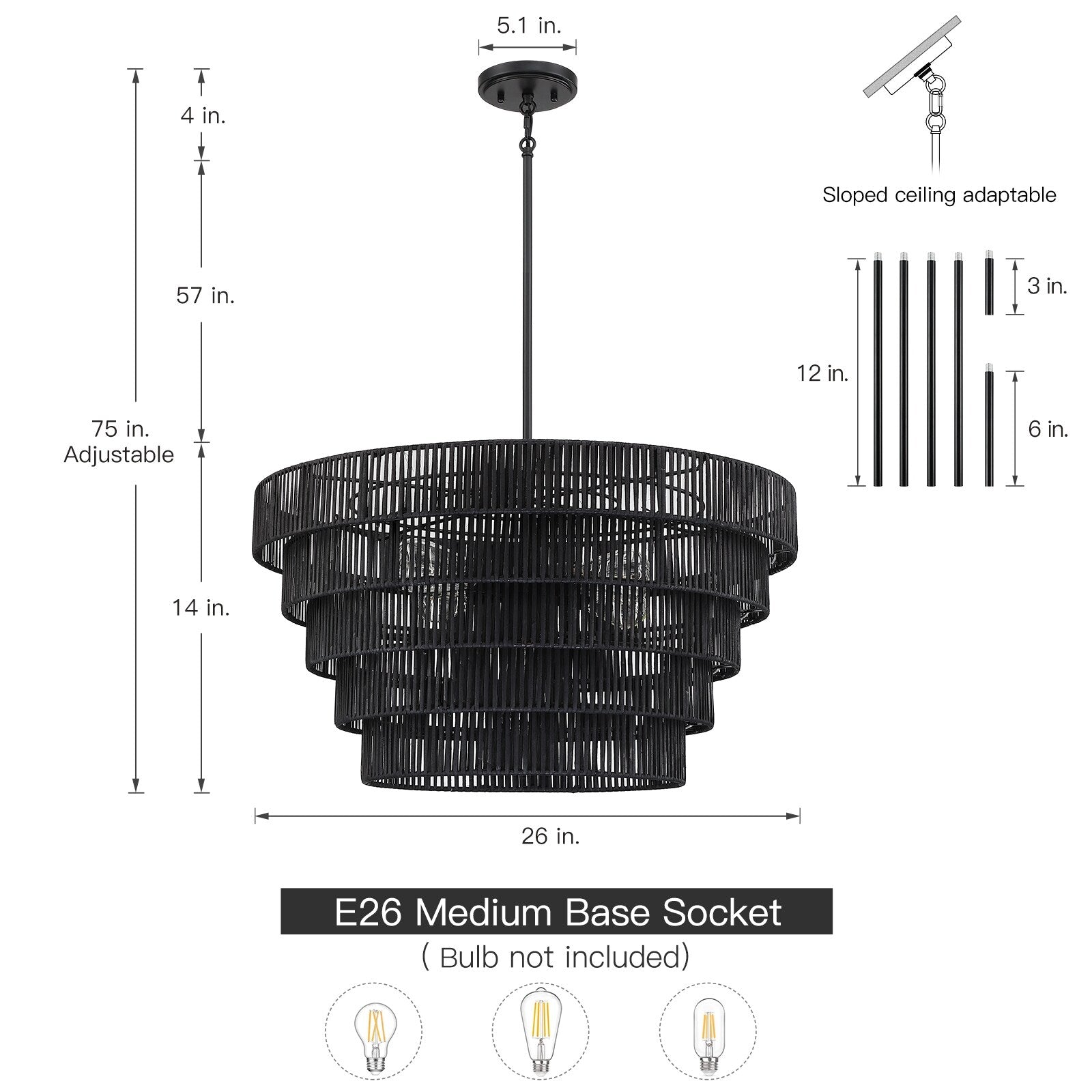 Lampadario moderno bohémien Piersan a 5 luci con paralume in rattan a più livelli - 26 pollici di larghezza
