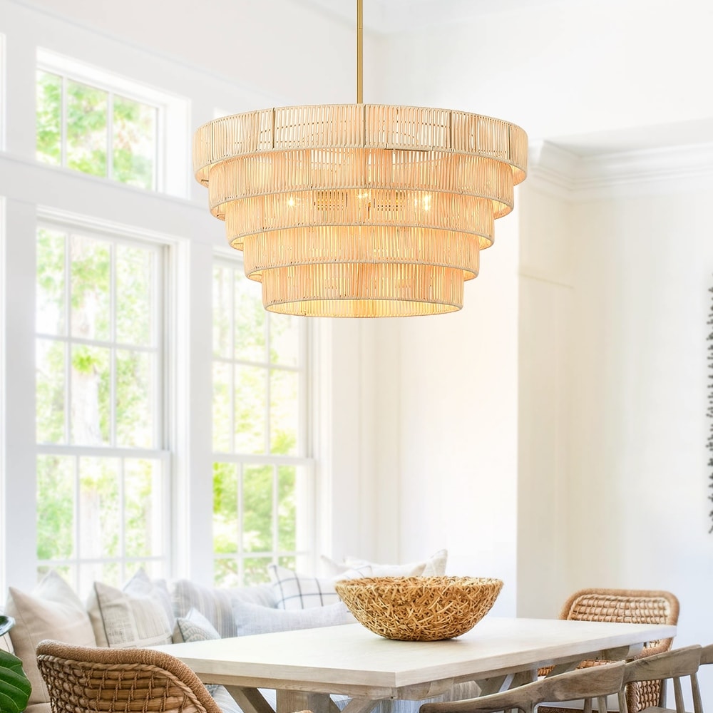 Lampadario moderno bohémien Piersan a 5 luci con paralume in rattan a più livelli - 26 pollici di larghezza