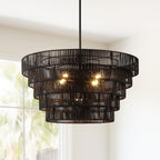 Lampadario moderno bohémien Piersan a 5 luci con paralume in rattan a più livelli - 26 pollici di larghezza