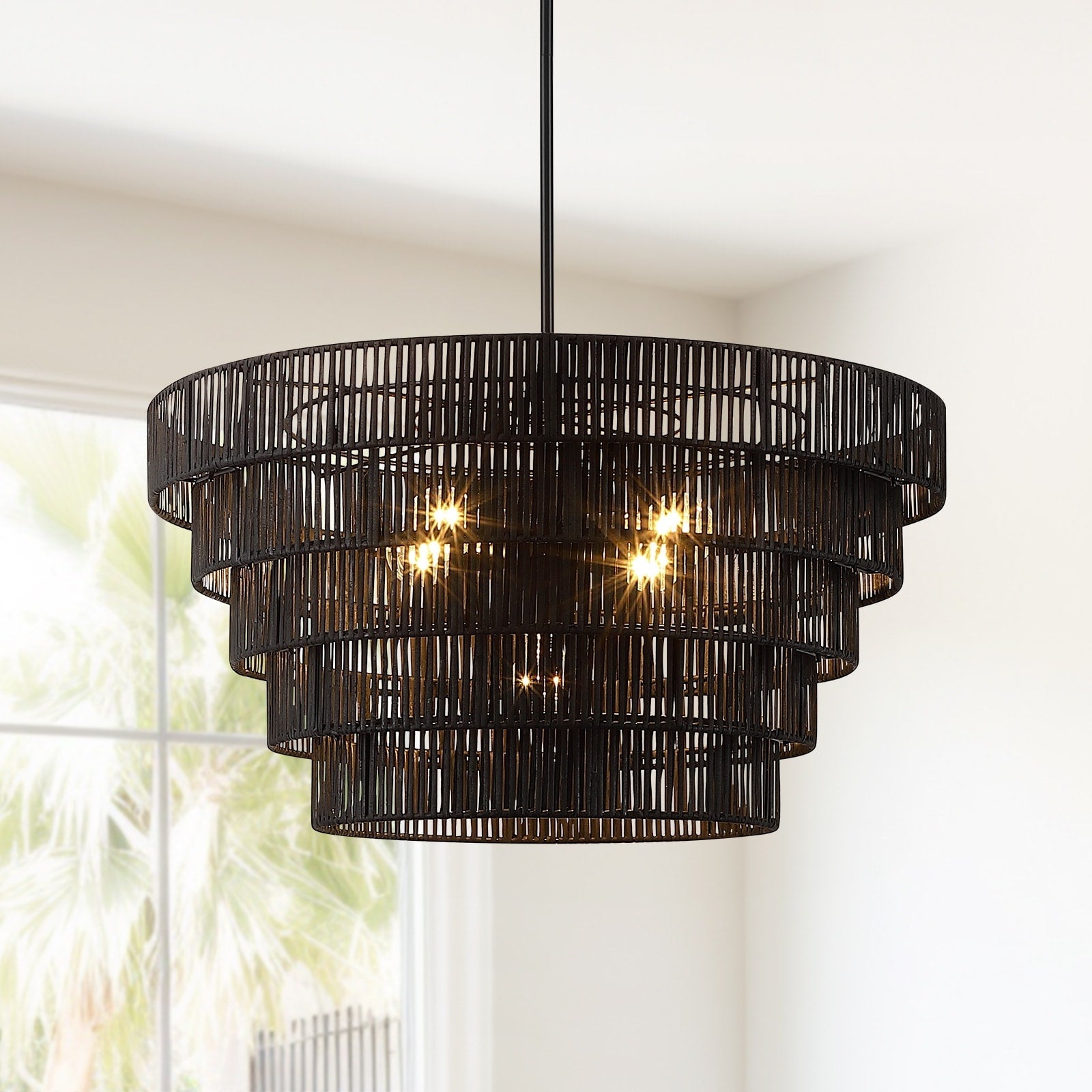 Lampadario moderno bohémien Piersan a 5 luci con paralume in rattan a più livelli - 26 pollici di larghezza