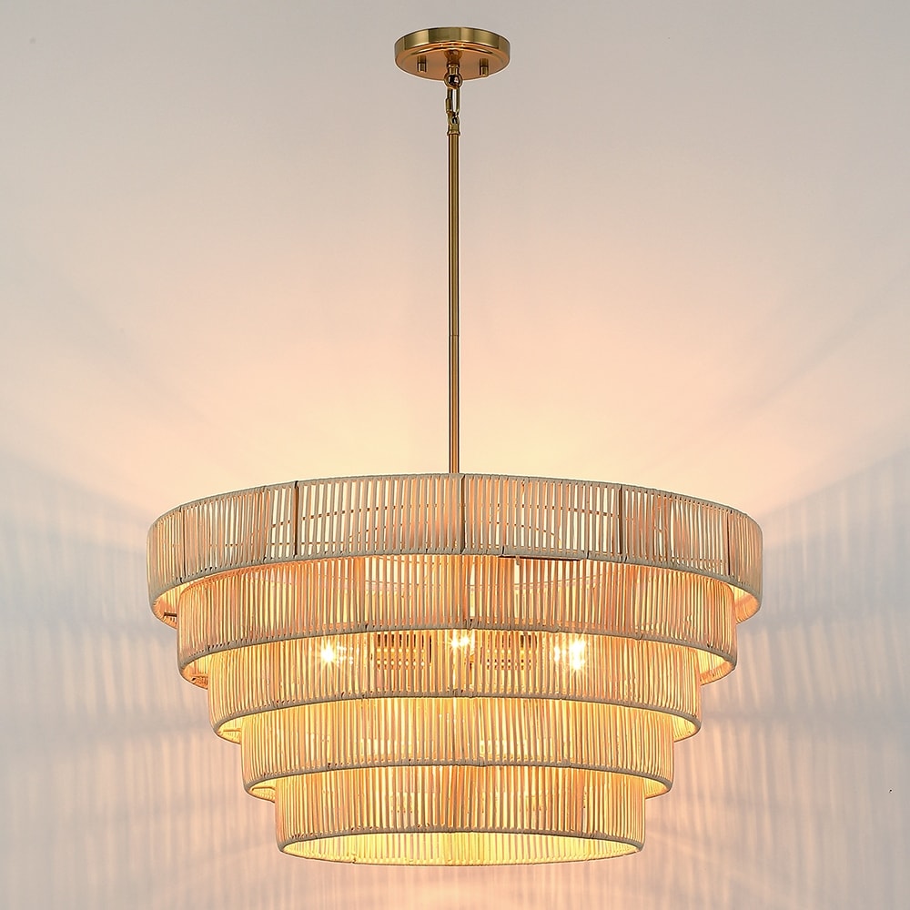 Lampadario moderno bohémien Piersan a 5 luci con paralume in rattan a più livelli - 26 pollici di larghezza