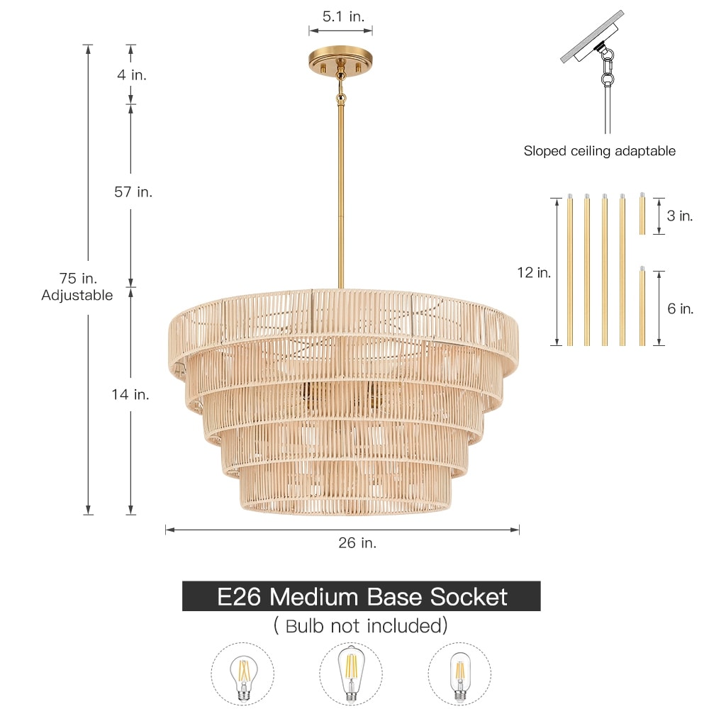 Lampadario moderno bohémien Piersan a 5 luci con paralume in rattan a più livelli - 26 pollici di larghezza