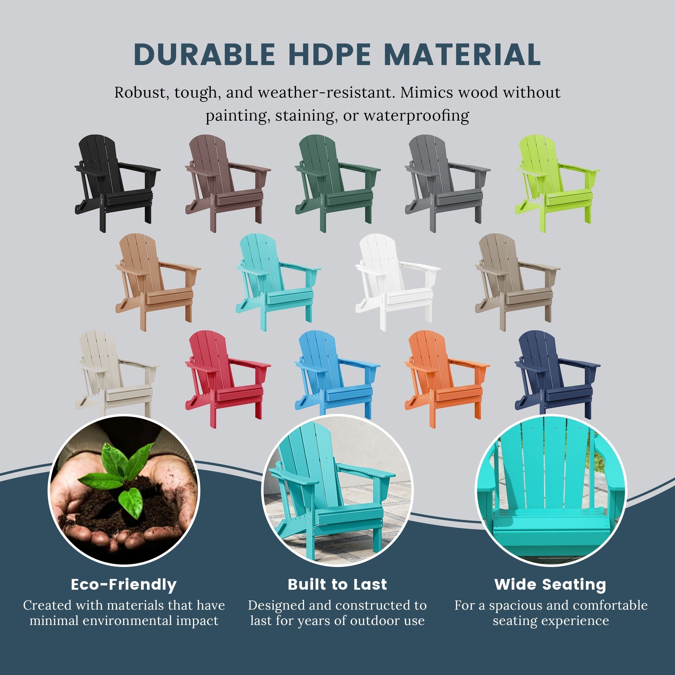 Sedia Adirondack pieghevole per esterni e patio, resistente allo sbiadimento e a tutte le condizioni atmosferiche, Polytrends Laguna