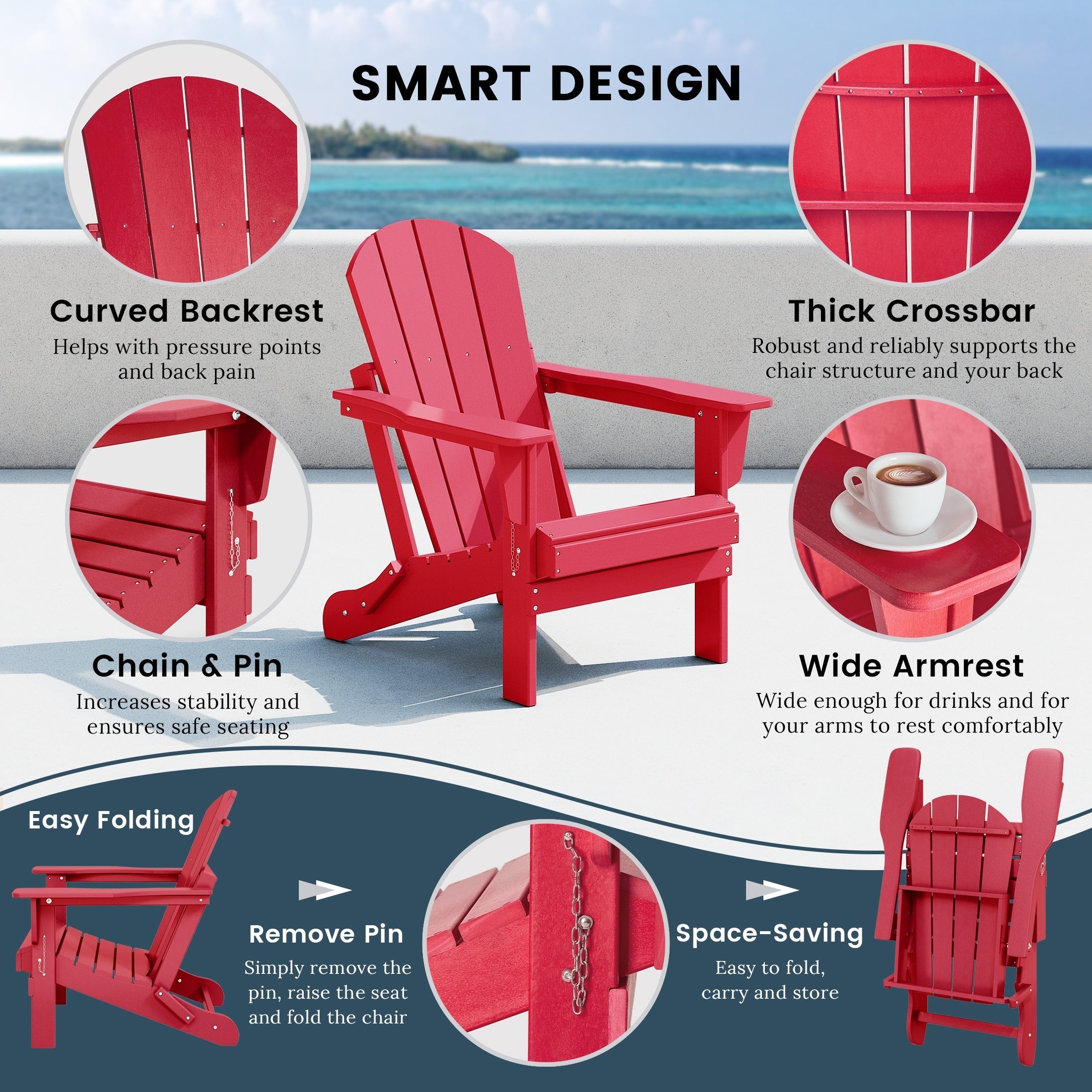 Sedia Adirondack pieghevole per esterni e patio, resistente allo sbiadimento e a tutte le condizioni atmosferiche, Polytrends Laguna