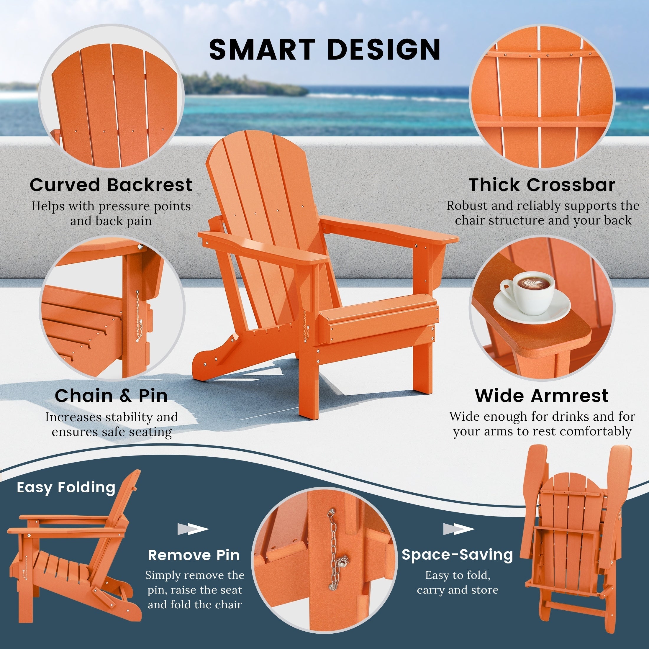 Sedia Adirondack pieghevole per esterni e patio, resistente allo sbiadimento e a tutte le condizioni atmosferiche, Polytrends Laguna