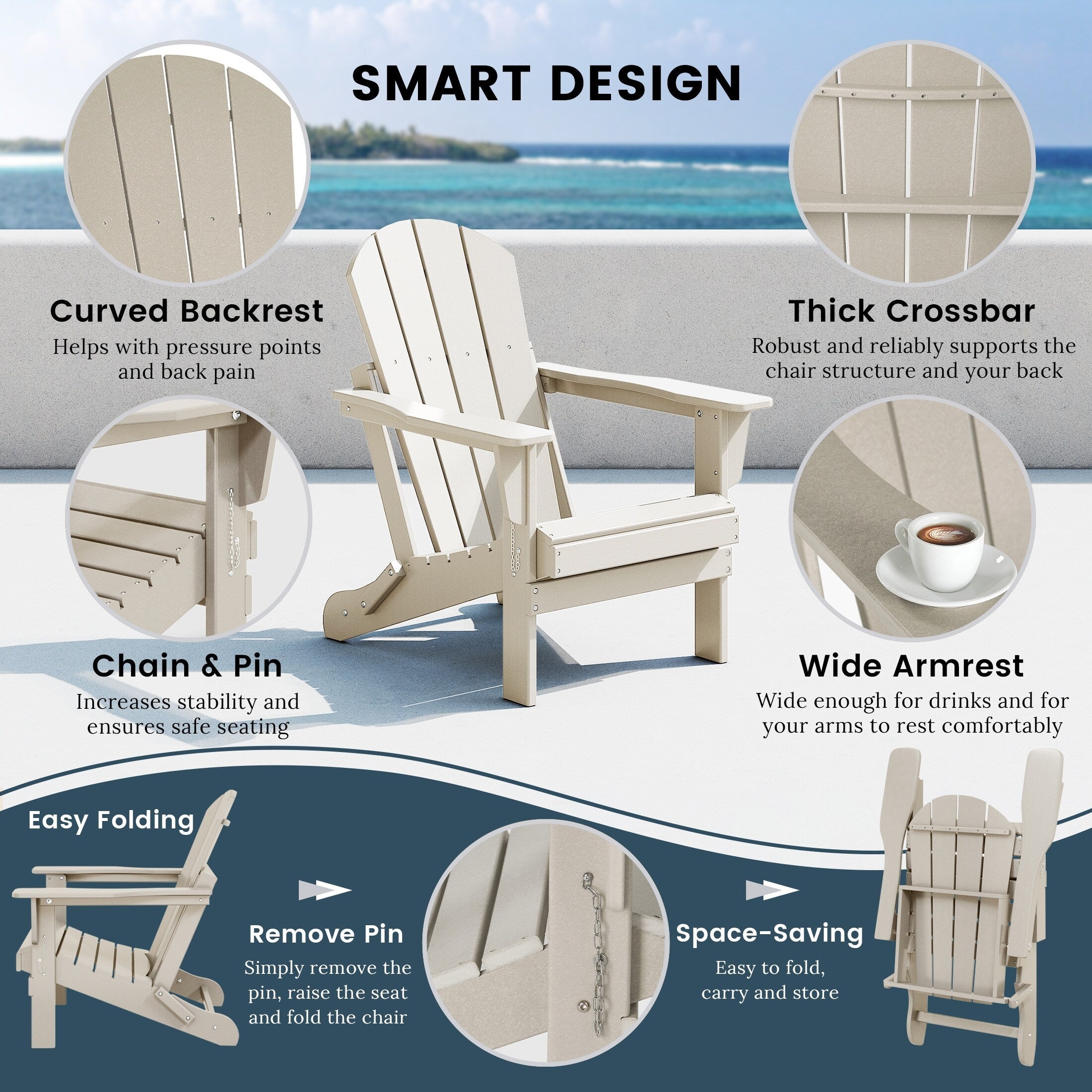 Sedie Adirondack pieghevoli per esterni e patio, resistenti alle intemperie, Polytrends Laguna (set da 4)
