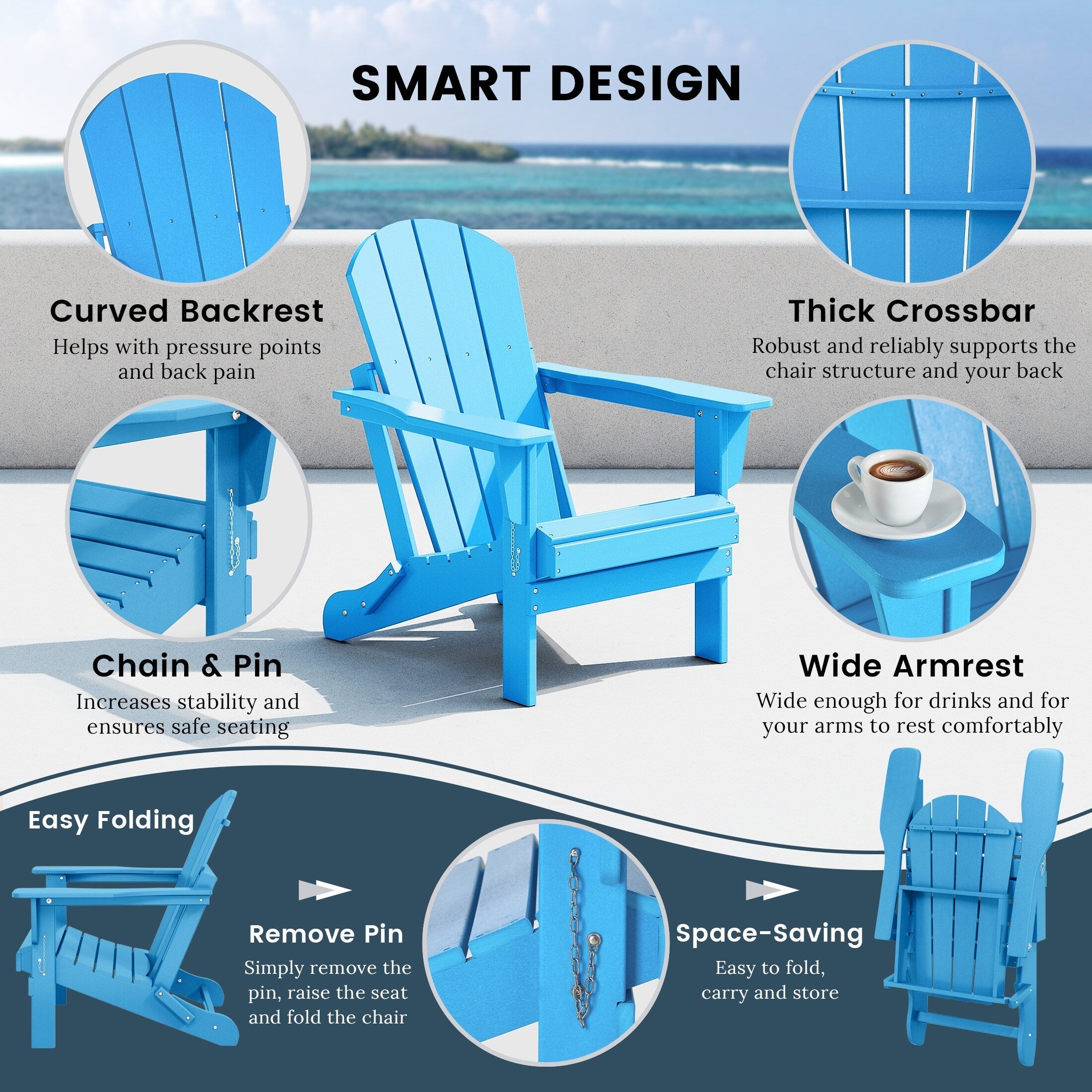Sedie Adirondack pieghevoli per esterni e patio, resistenti alle intemperie, Polytrends Laguna (set da 4)