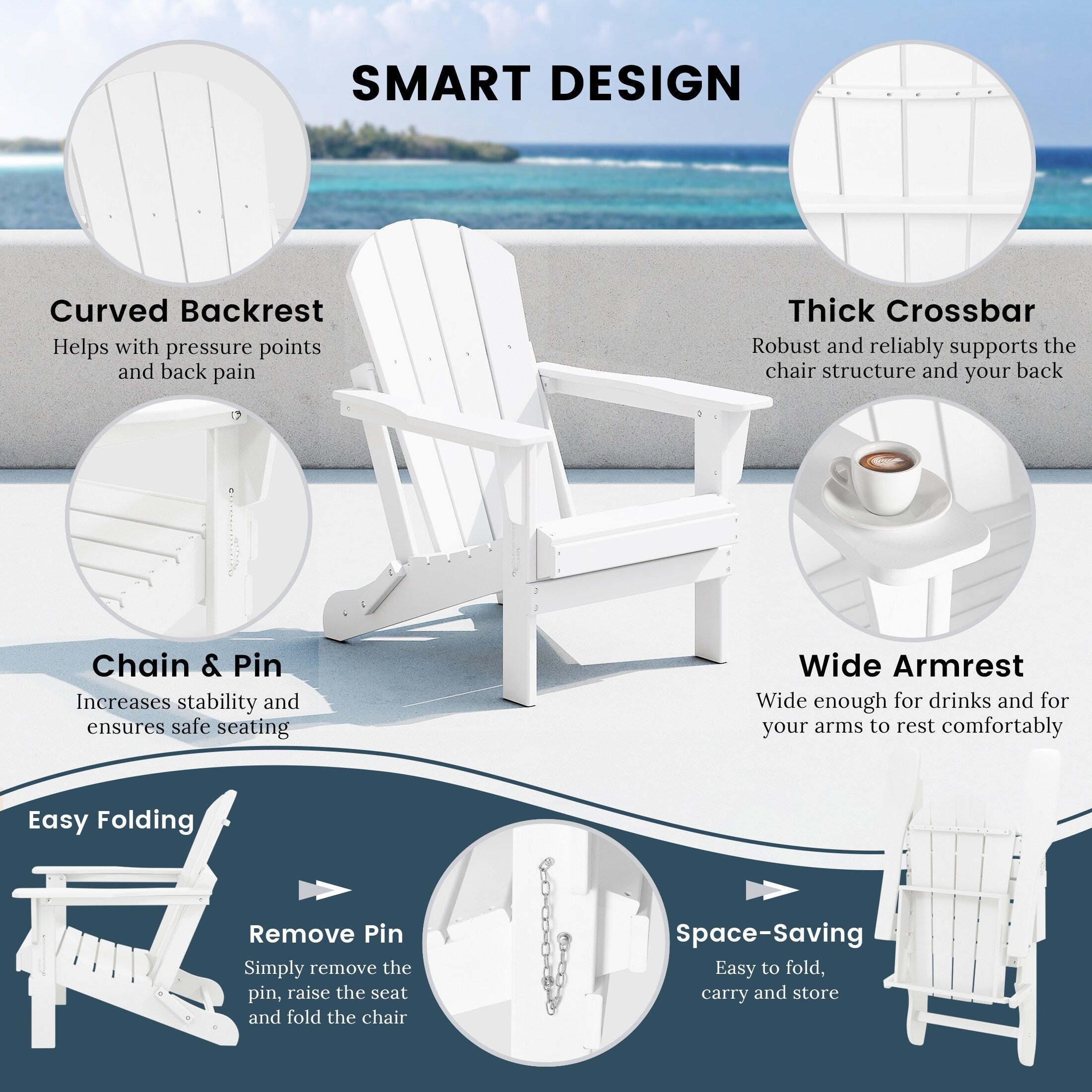 Sedie Adirondack pieghevoli per esterni e patio, resistenti alle intemperie, Polytrends Laguna (set da 4)