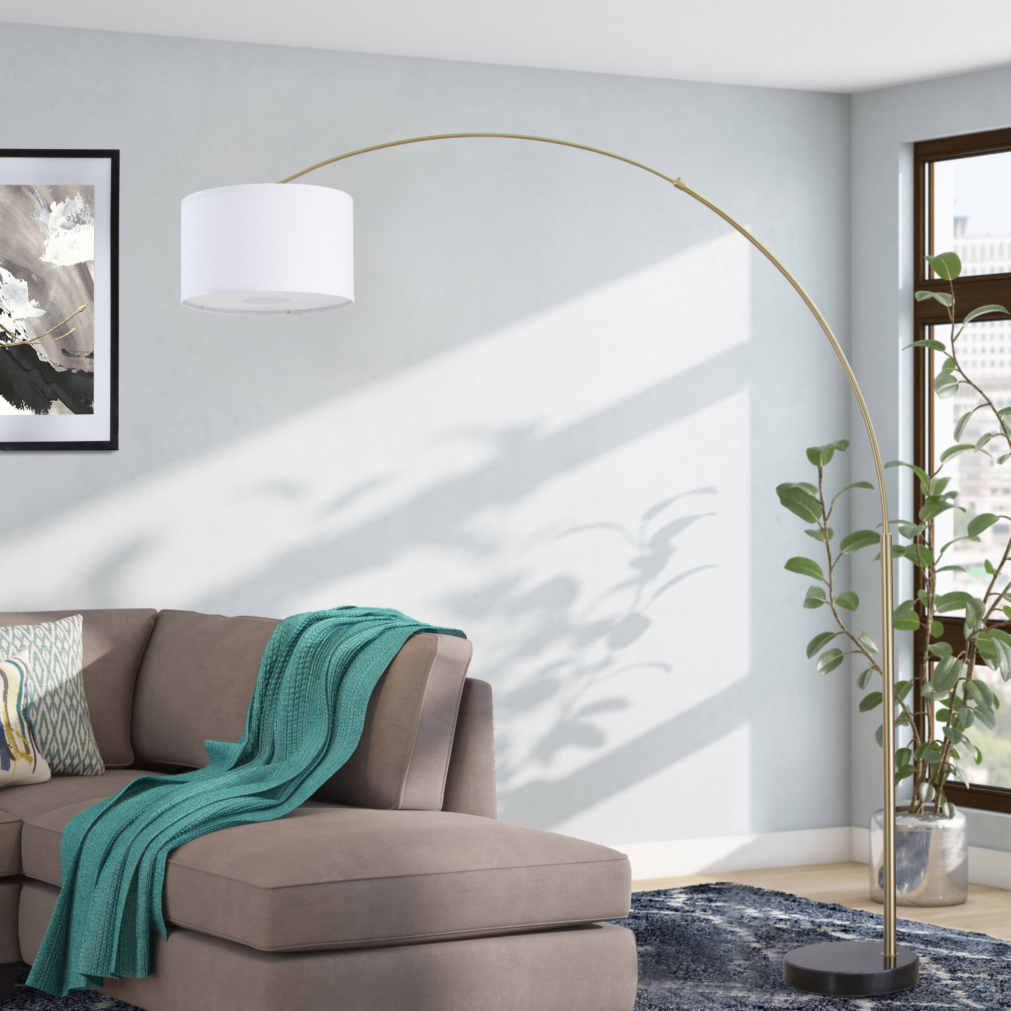 Lampada da terra ad arco regolabile in acciaio Q-Max 81 con paralume extra large e base in marmo