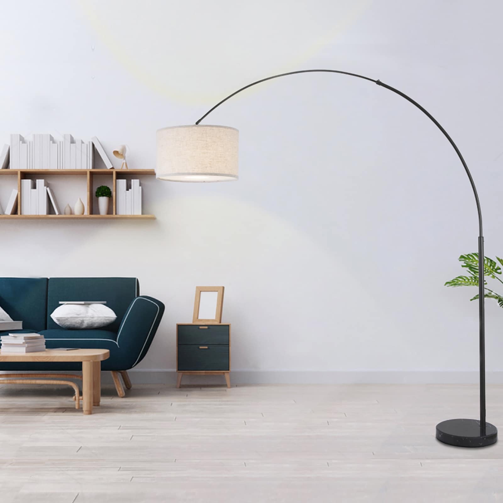 Lampada da terra ad arco regolabile in acciaio Q-Max 81 con paralume extra large e base in marmo